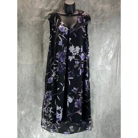 CONNECTED APPAREL Women's Grape Floral-Print Sleeveless Chiffon Overlay Dress - Picture 1 of 14